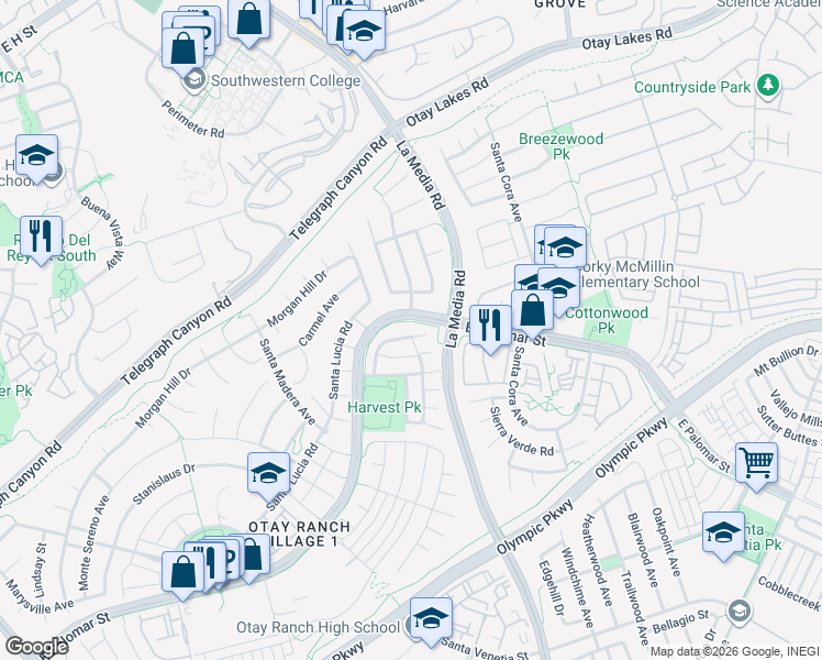 map of restaurants, bars, coffee shops, grocery stores, and more near 1627 East Palomar Street in Chula Vista