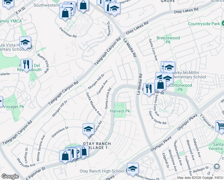 map of restaurants, bars, coffee shops, grocery stores, and more near 1228 Santa Lucia Road in Chula Vista