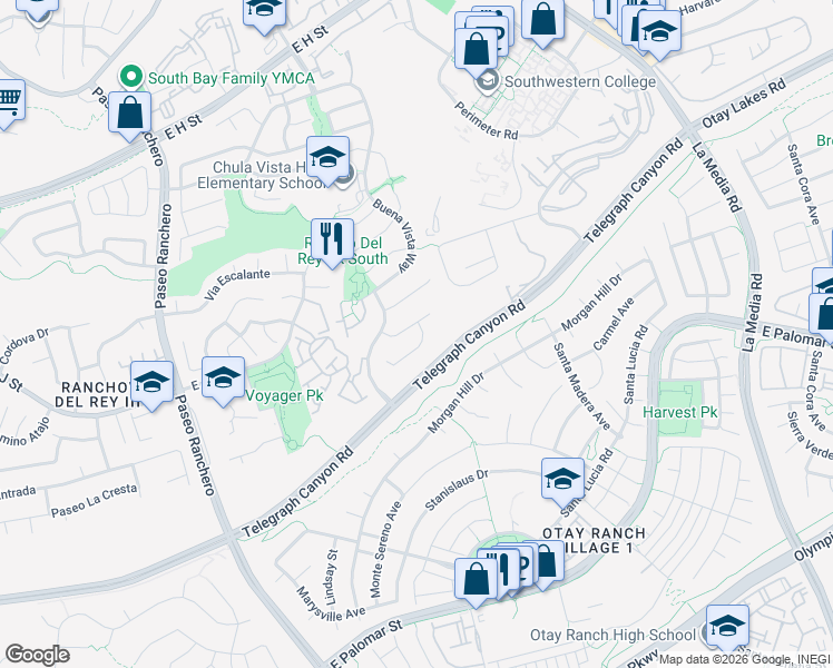 map of restaurants, bars, coffee shops, grocery stores, and more near 1349 Tierra Bonita Place in Chula Vista