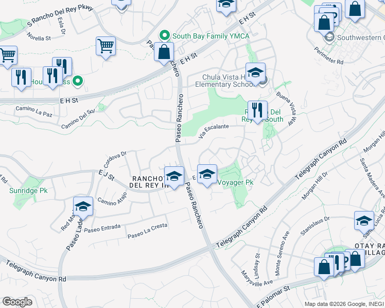 map of restaurants, bars, coffee shops, grocery stores, and more near 1038 Via Miraleste in Chula Vista