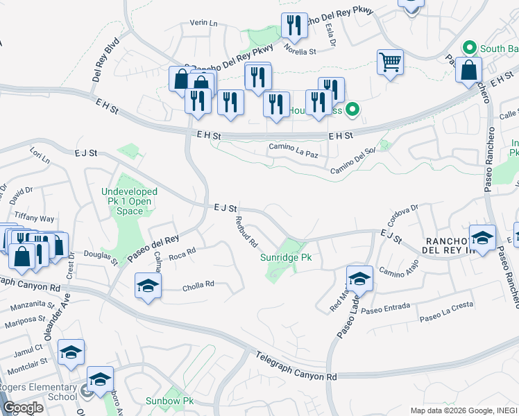 map of restaurants, bars, coffee shops, grocery stores, and more near 811 East J Street in Chula Vista