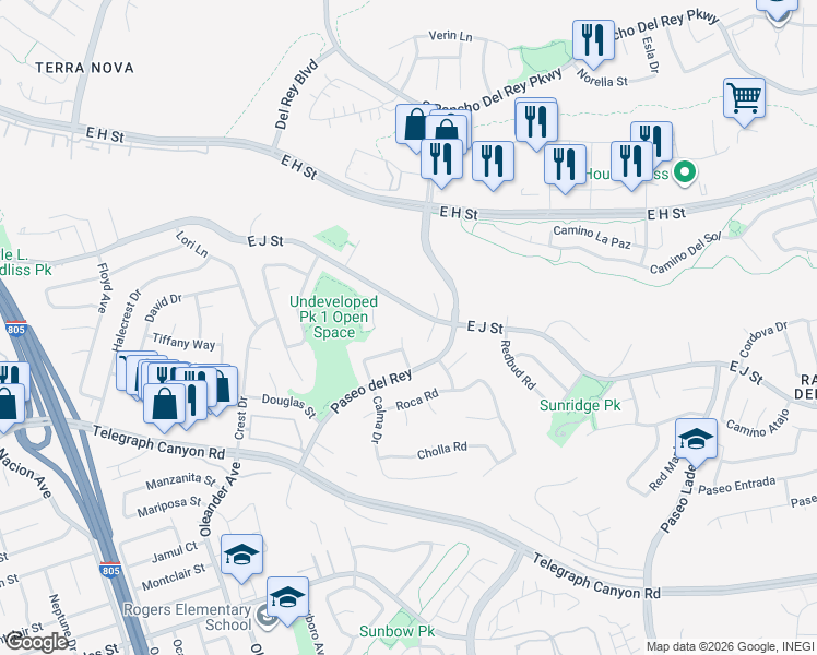 map of restaurants, bars, coffee shops, grocery stores, and more near 718 East J Street in Chula Vista