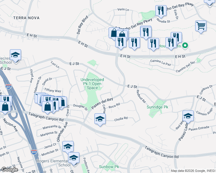 map of restaurants, bars, coffee shops, grocery stores, and more near 718 East J Street in Chula Vista