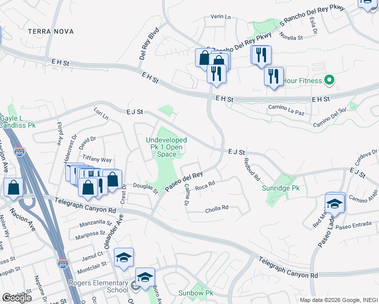 map of restaurants, bars, coffee shops, grocery stores, and more near 882 Entrada Place in Chula Vista