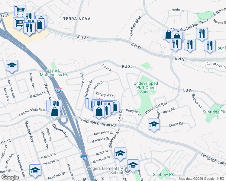 map of restaurants, bars, coffee shops, grocery stores, and more near 832 Durward Street in Chula Vista