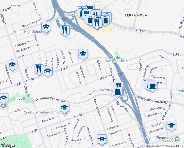 map of restaurants, bars, coffee shops, grocery stores, and more near 304 Margo Court in Chula Vista