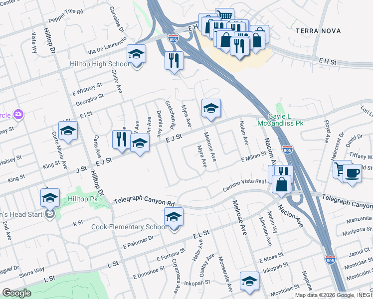 map of restaurants, bars, coffee shops, grocery stores, and more near 205 East James Street in Chula Vista