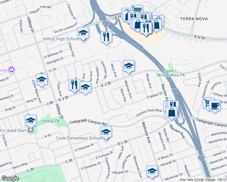 map of restaurants, bars, coffee shops, grocery stores, and more near 205 East James Street in Chula Vista