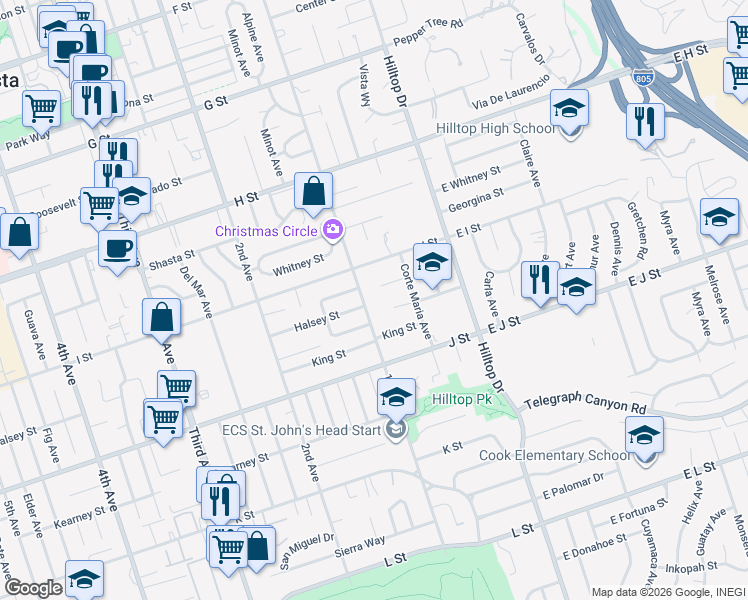 map of restaurants, bars, coffee shops, grocery stores, and more near 100 Mitscher Street in Chula Vista