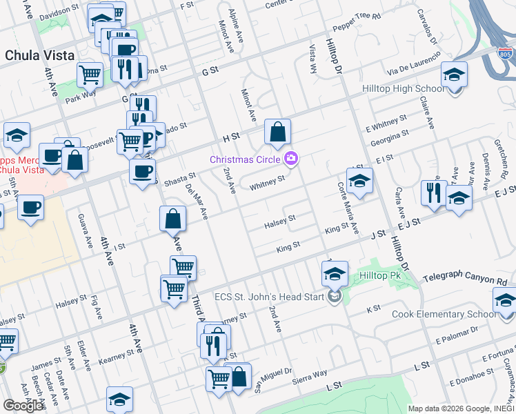 map of restaurants, bars, coffee shops, grocery stores, and more near 165 I Street in Chula Vista