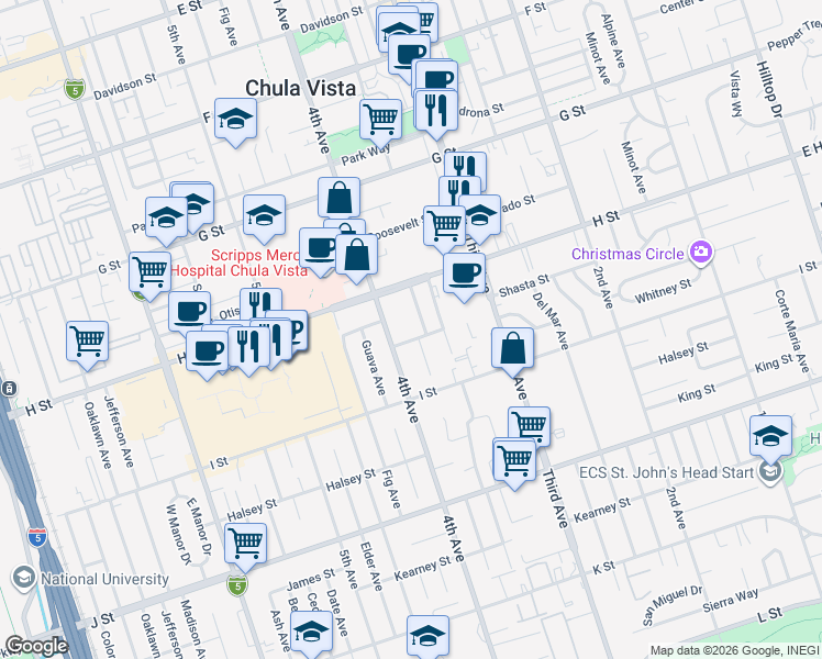 map of restaurants, bars, coffee shops, grocery stores, and more near 534 Glover Avenue in Chula Vista