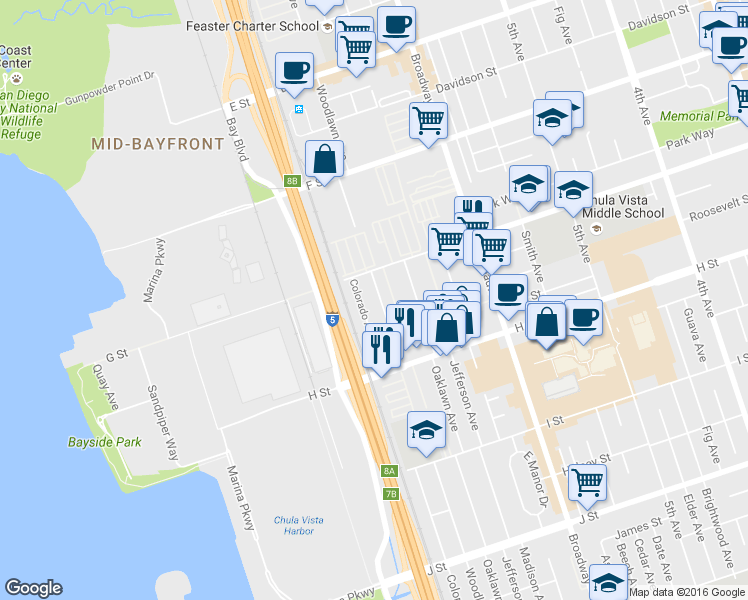 map of restaurants, bars, coffee shops, grocery stores, and more near 423 Woodlawn Avenue in Chula Vista