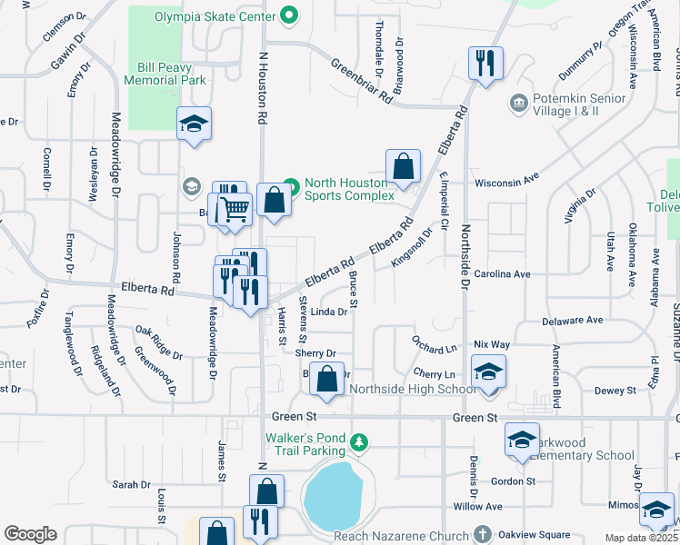map of restaurants, bars, coffee shops, grocery stores, and more near 1259 Elberta Rd in Warner Robins