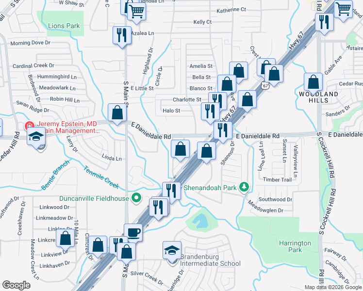 map of restaurants, bars, coffee shops, grocery stores, and more near 1506 Sunset Village Drive in Duncanville
