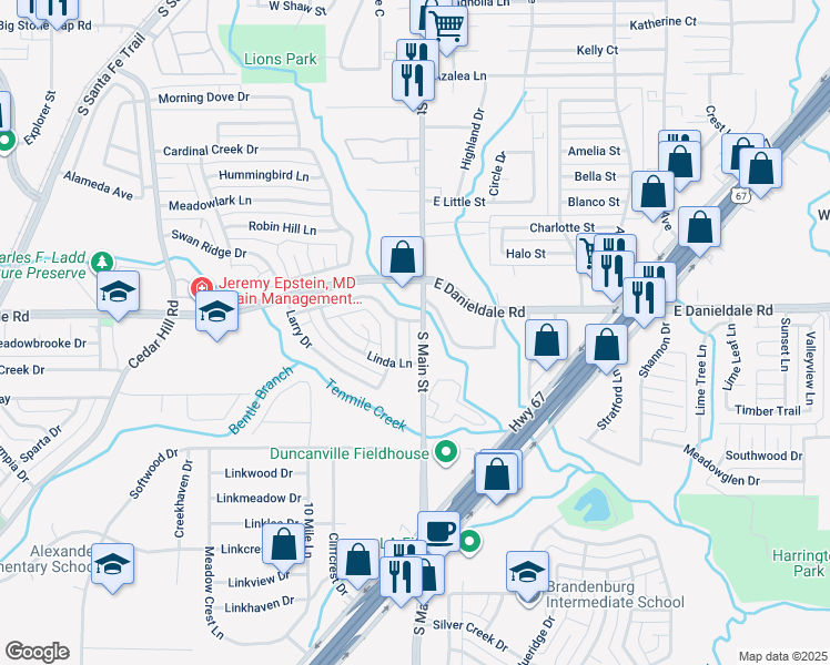 map of restaurants, bars, coffee shops, grocery stores, and more near 1502 Sharon Drive in Duncanville