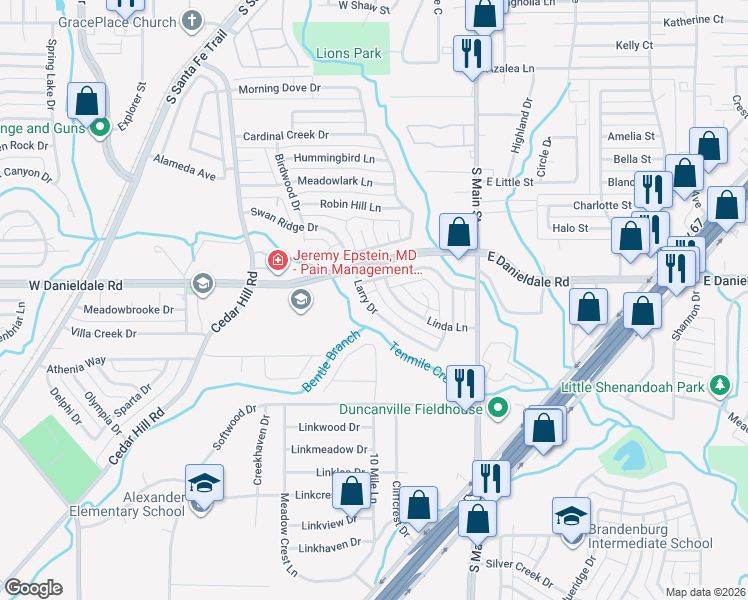 map of restaurants, bars, coffee shops, grocery stores, and more near 290 Larry Drive in Duncanville