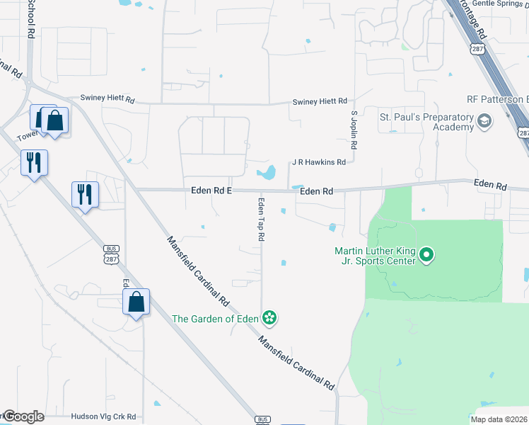 map of restaurants, bars, coffee shops, grocery stores, and more near 5610 Eden Road in Kennedale