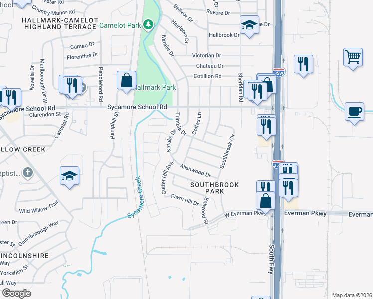 map of restaurants, bars, coffee shops, grocery stores, and more near 8004 Colfax Lane in Fort Worth