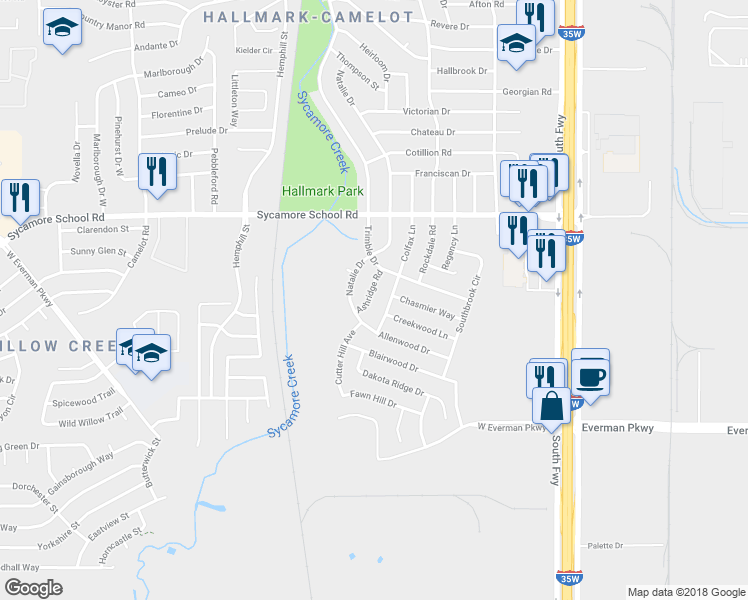 map of restaurants, bars, coffee shops, grocery stores, and more near 8025 Natalie Drive in Fort Worth