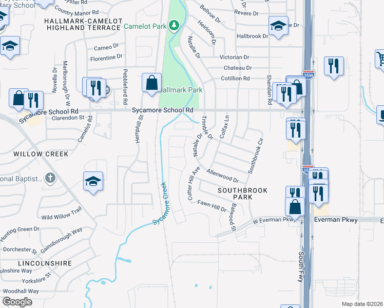 map of restaurants, bars, coffee shops, grocery stores, and more near 8025 Natalie Drive in Fort Worth