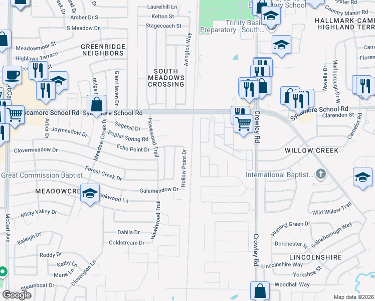 map of restaurants, bars, coffee shops, grocery stores, and more near 7605 Hollow Point Drive in Fort Worth