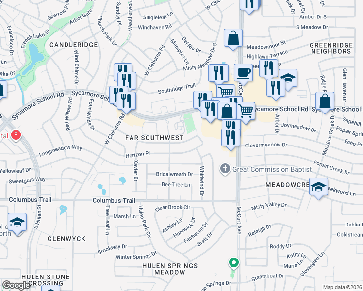 map of restaurants, bars, coffee shops, grocery stores, and more near 3736 7 Gables Street in Fort Worth