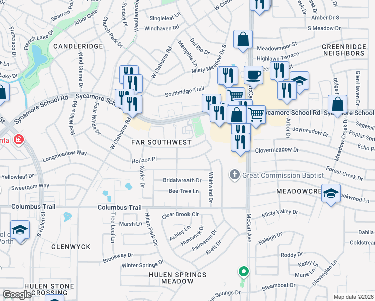 map of restaurants, bars, coffee shops, grocery stores, and more near 3736 7 Gables Street in Fort Worth