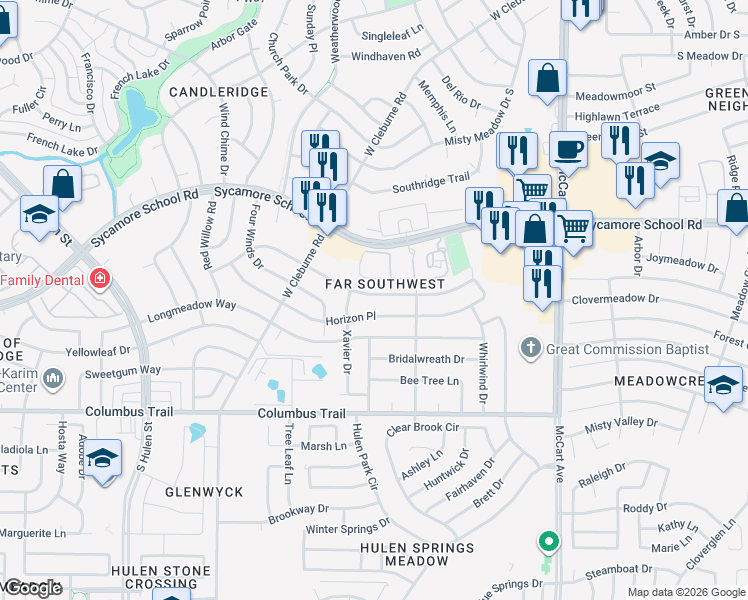 map of restaurants, bars, coffee shops, grocery stores, and more near 3844 7 Gables Street in Fort Worth