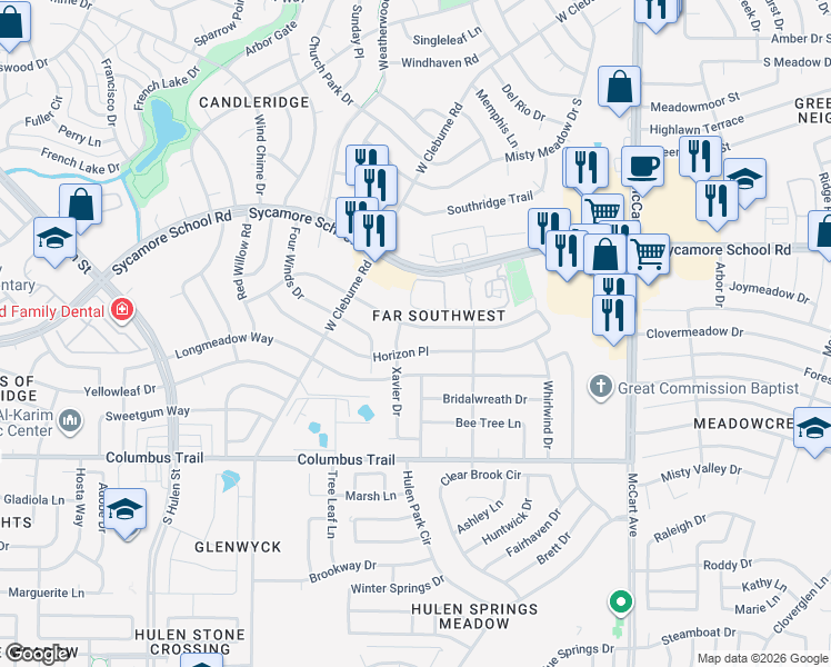 map of restaurants, bars, coffee shops, grocery stores, and more near 3844 7 Gables Street in Fort Worth
