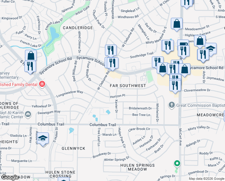 map of restaurants, bars, coffee shops, grocery stores, and more near 7721 Four Winds Drive in Fort Worth