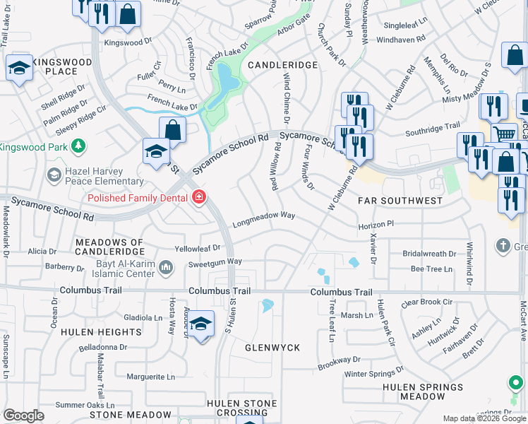 map of restaurants, bars, coffee shops, grocery stores, and more near 7632 Spicebush Road in Fort Worth