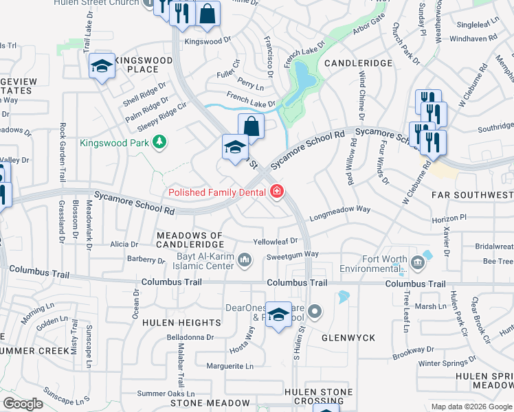 map of restaurants, bars, coffee shops, grocery stores, and more near 7505 Palmetto Drive in Fort Worth