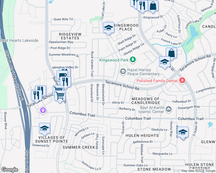 map of restaurants, bars, coffee shops, grocery stores, and more near 7601 Meadowlark Drive in Fort Worth