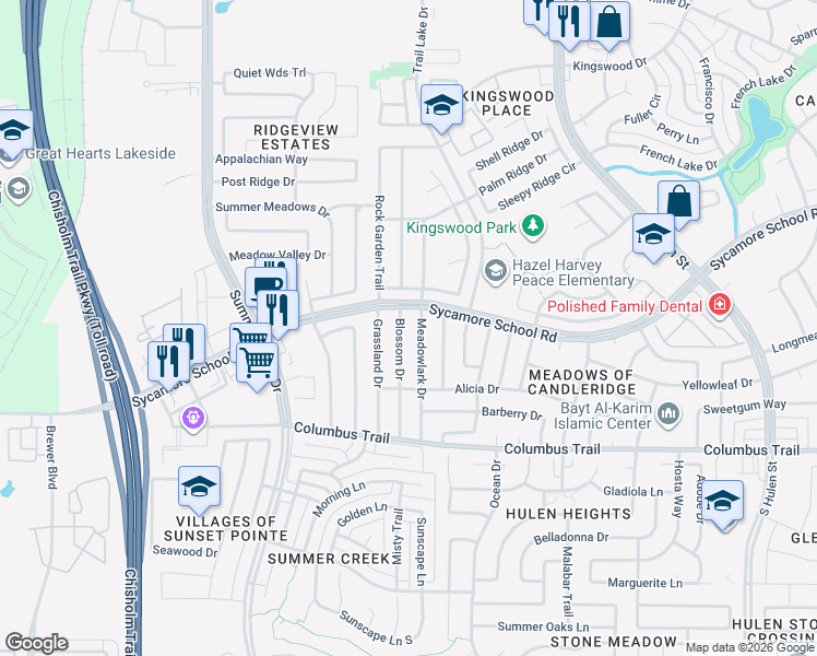 map of restaurants, bars, coffee shops, grocery stores, and more near 7612 Blossom Drive in Fort Worth