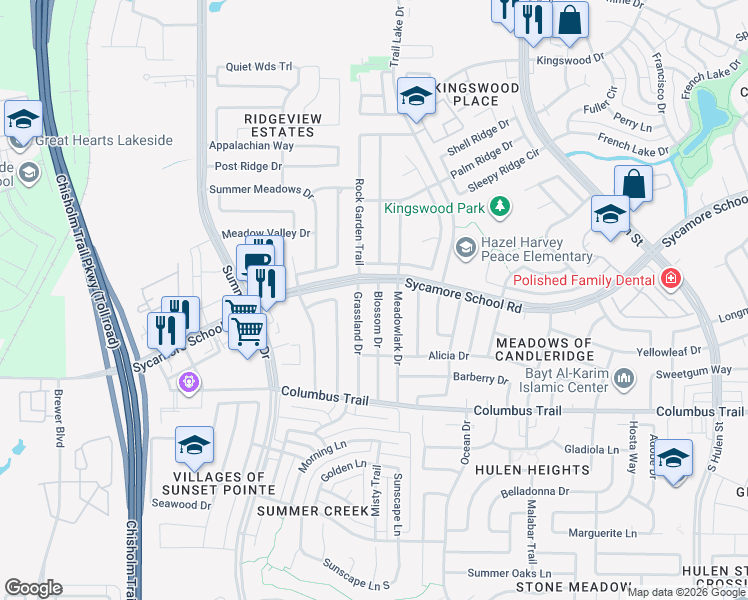 map of restaurants, bars, coffee shops, grocery stores, and more near 7612 Blossom Drive in Fort Worth