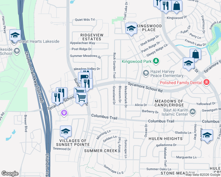 map of restaurants, bars, coffee shops, grocery stores, and more near 5154 Brook Meadow Lane in Fort Worth