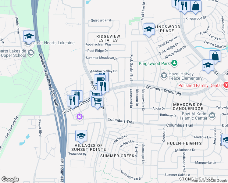 map of restaurants, bars, coffee shops, grocery stores, and more near 7600 Creek Meadows Drive in Fort Worth