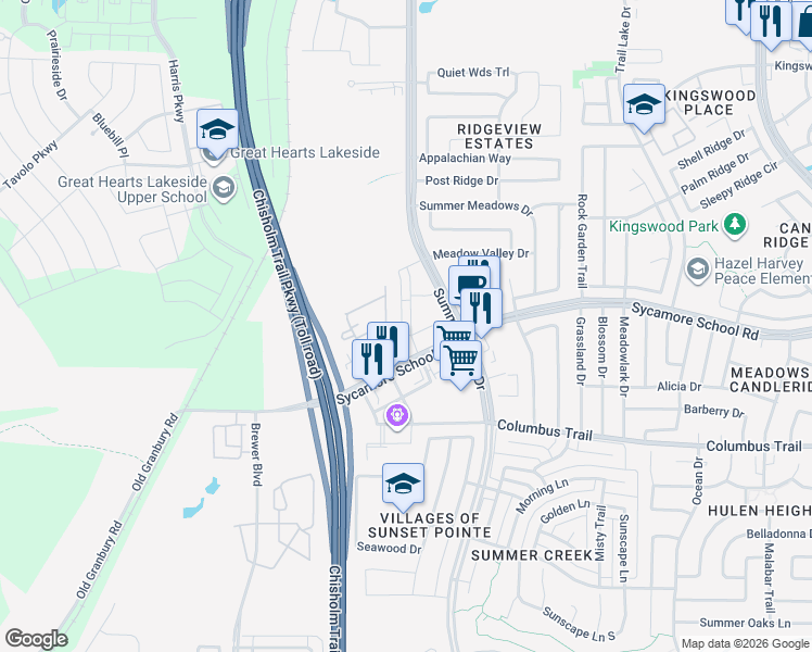 map of restaurants, bars, coffee shops, grocery stores, and more near 7620 Villa Rosa Drive in Fort Worth