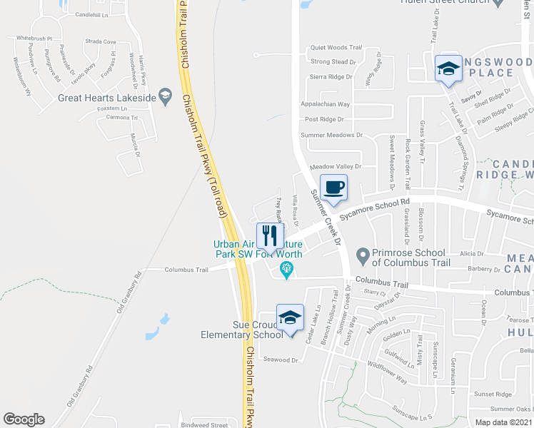 map of restaurants, bars, coffee shops, grocery stores, and more near 5444 Buckboard in Fort Worth