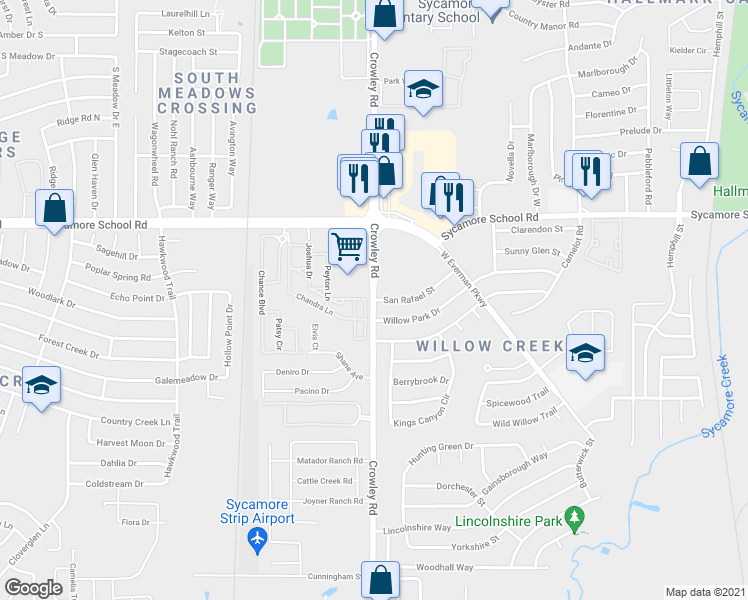map of restaurants, bars, coffee shops, grocery stores, and more near Crowley Rd & San Rafael St in Fort Worth
