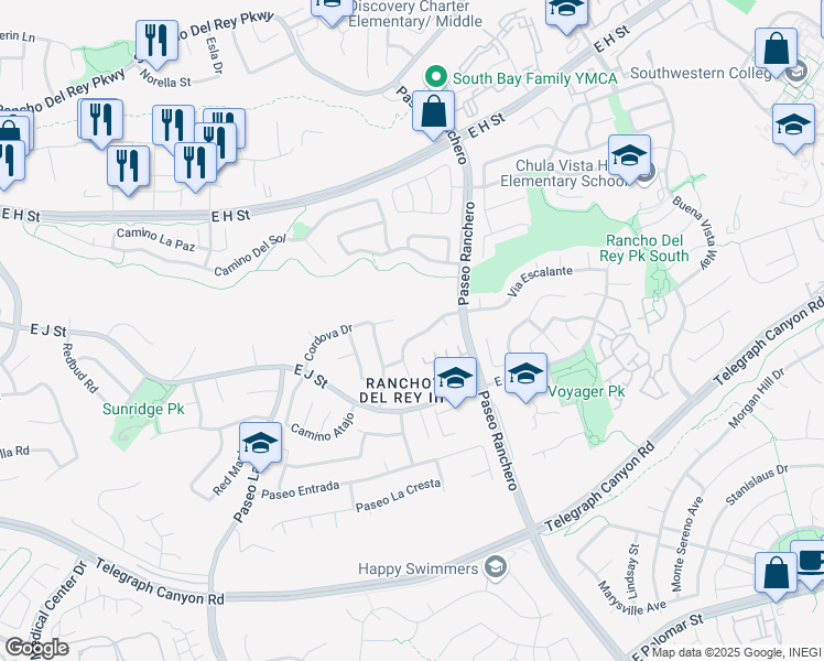 map of restaurants, bars, coffee shops, grocery stores, and more near 1011 Via Sinuoso in Chula Vista