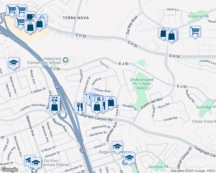 map of restaurants, bars, coffee shops, grocery stores, and more near 835 Wiler Drive in Chula Vista