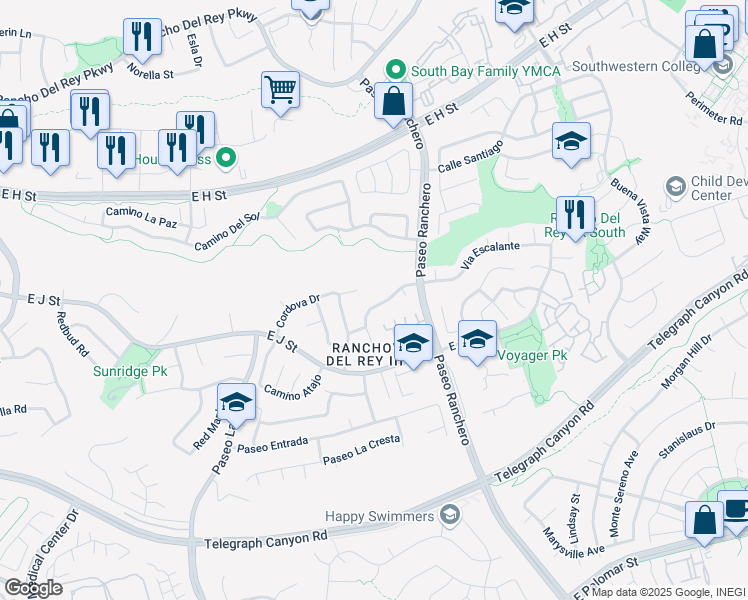 map of restaurants, bars, coffee shops, grocery stores, and more near 1011 Via Sinuoso in Chula Vista