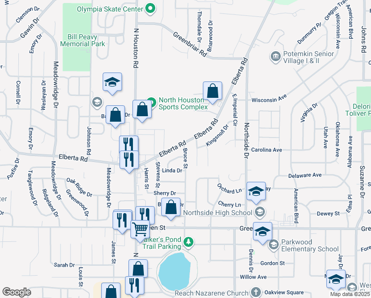 map of restaurants, bars, coffee shops, grocery stores, and more near 334 Bruce Street in Warner Robins