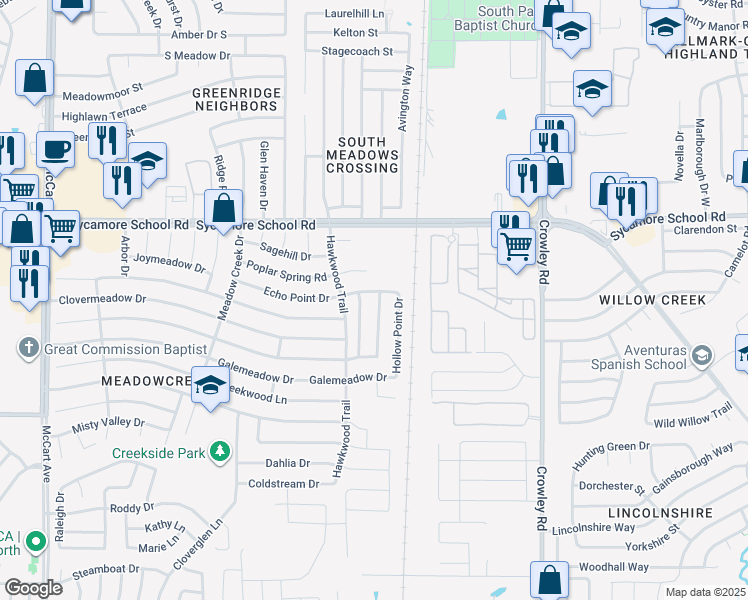 map of restaurants, bars, coffee shops, grocery stores, and more near 2426 Echo Point Drive in Fort Worth