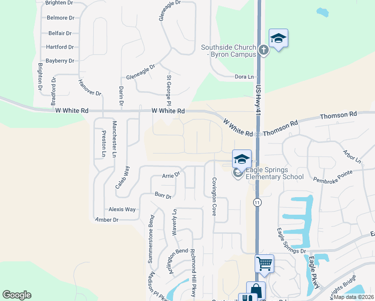 map of restaurants, bars, coffee shops, grocery stores, and more near 302 Appling Way in Byron