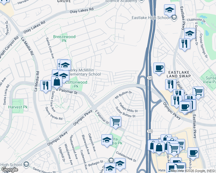 map of restaurants, bars, coffee shops, grocery stores, and more near 1886 Fargo Lane in Chula Vista