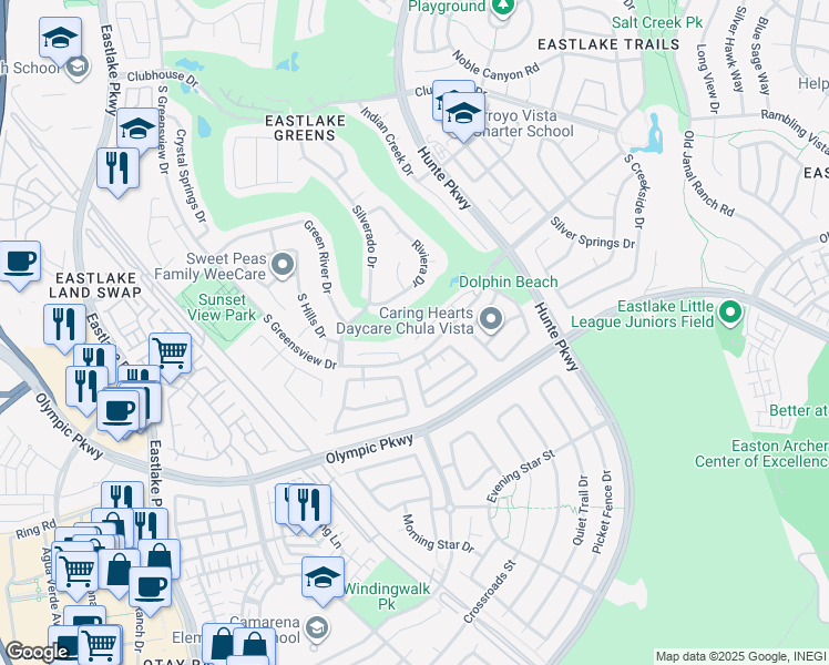 map of restaurants, bars, coffee shops, grocery stores, and more near 2409 Steamboat Springs Court in Chula Vista