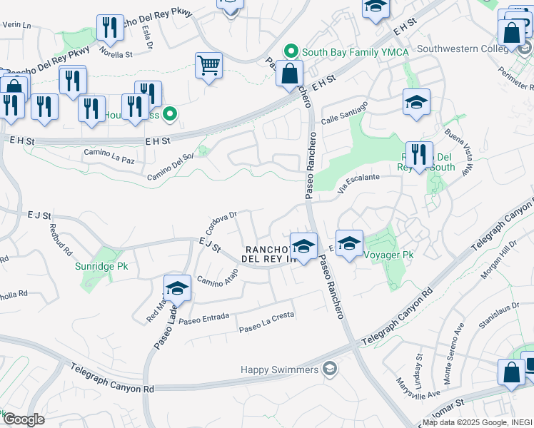 map of restaurants, bars, coffee shops, grocery stores, and more near 961 Cordova Drive in Chula Vista