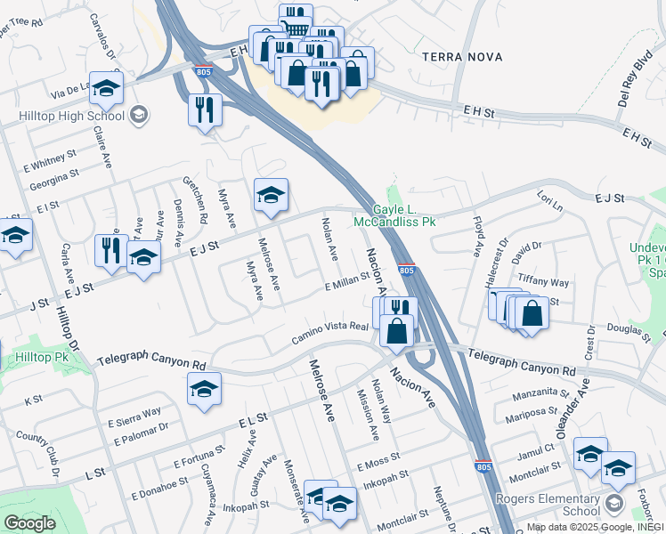map of restaurants, bars, coffee shops, grocery stores, and more near 760 Nolan Avenue in Chula Vista
